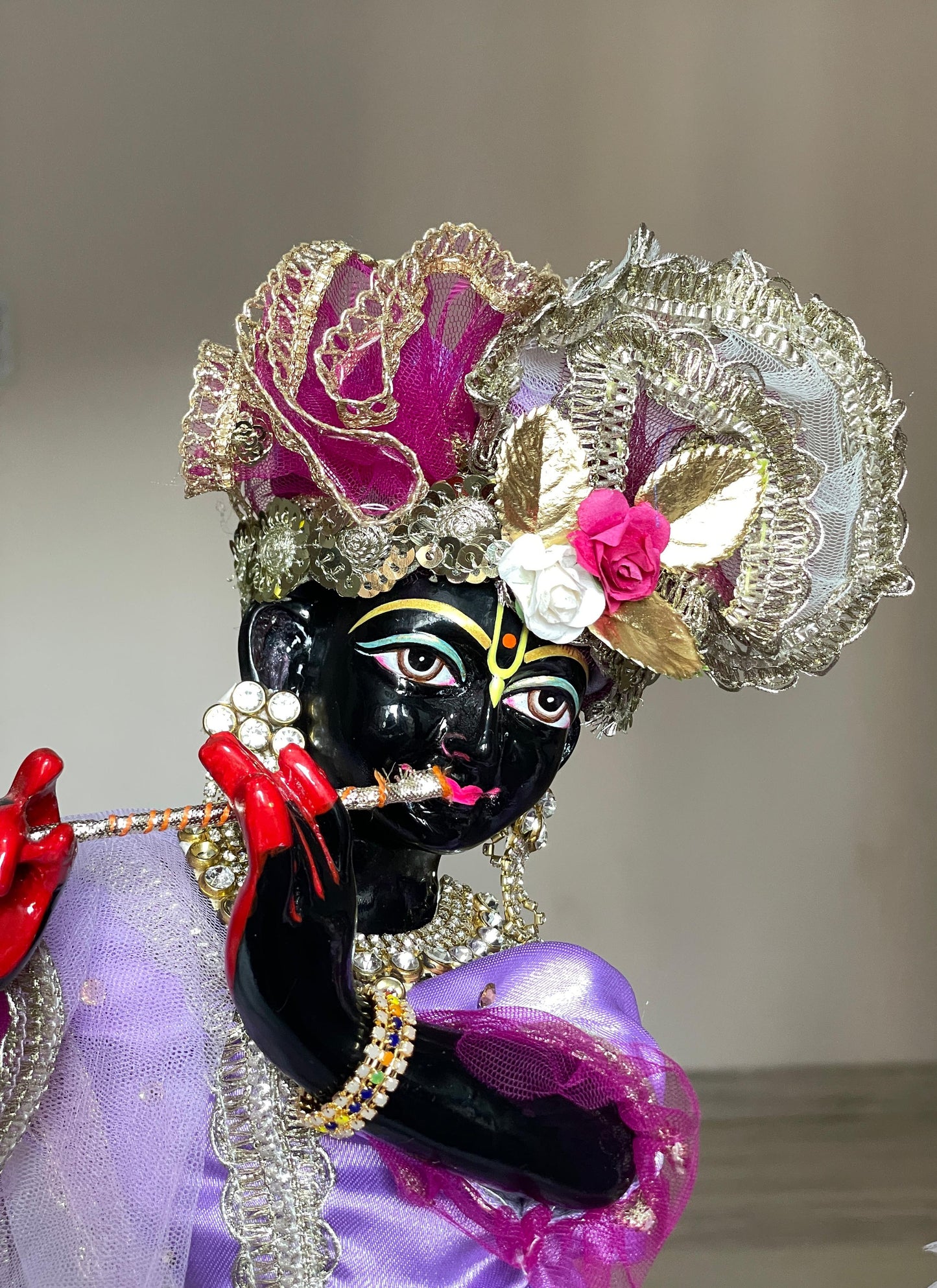 Orchid Dream winter Dress with warm shawl | Silk with net heavy dress for Radha Krishna with heavy Pagdi