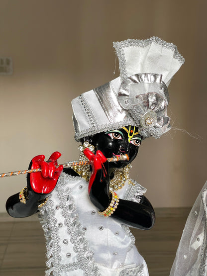 Chandra Vihar Silver Silk set | silk heavy dress for Radha Krishna with heavy Pagdi