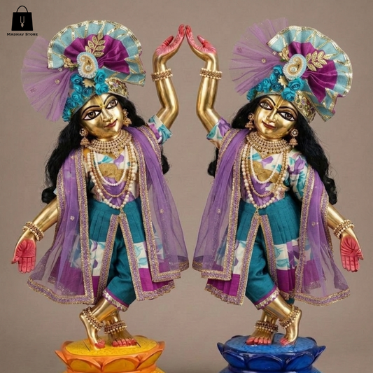 The 'Nilambari-Teal' Designer Premium Cotton dress set for Gaura Nitai with heavy Turban