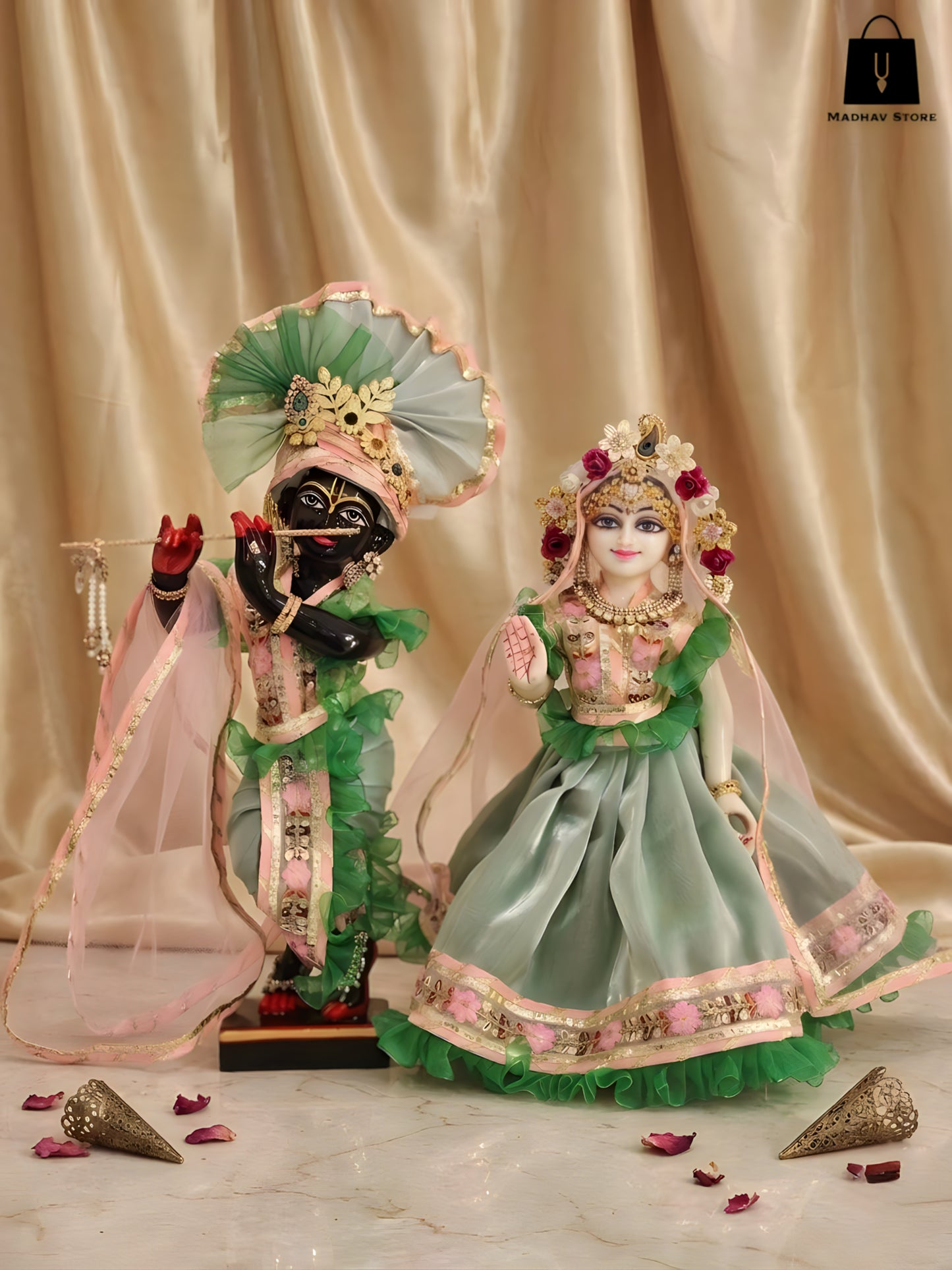 Emerald & Peach 'Sheetal' Summer Silk Set Dress set for Radha Krishna with heavy Turban