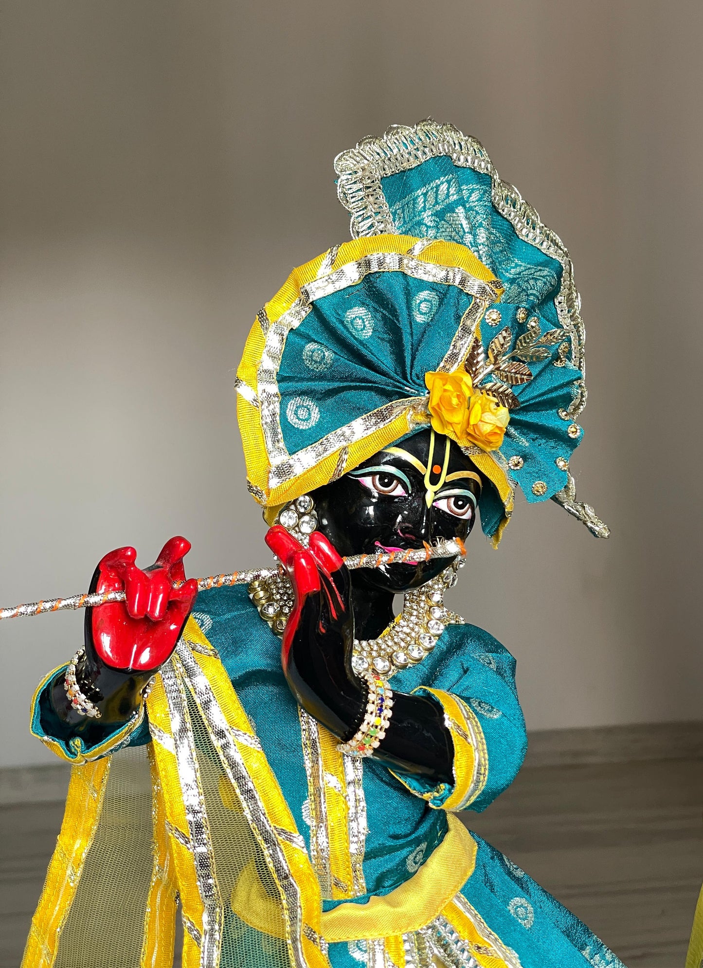 Kesar Kunj winter seva outfit with warm shawls | banarasi silk heavy dress for Radha Krishna with heavy Pagdi