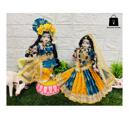 Blue & Yellow Janmashtami special heavy dress for Radha Krishna with heavy Pagdi