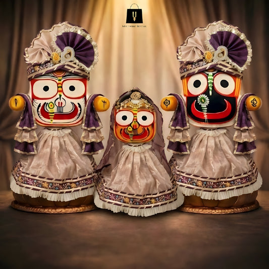 Vaikuntha Shimmer Trio | Premium Summer Silk Dress with Turbans and Chandrika for Jagannath Baladeva Subhadra