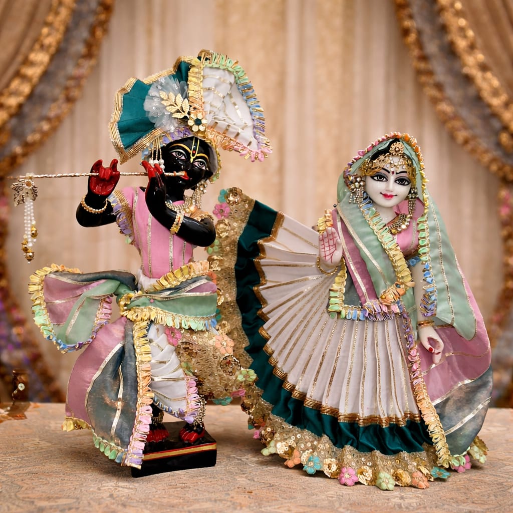 Gulal-Bahar Silk Couture Holi Poshak | Holi special silk hand embroidery heavy dress for Radha Krishna with heavy Pagdi