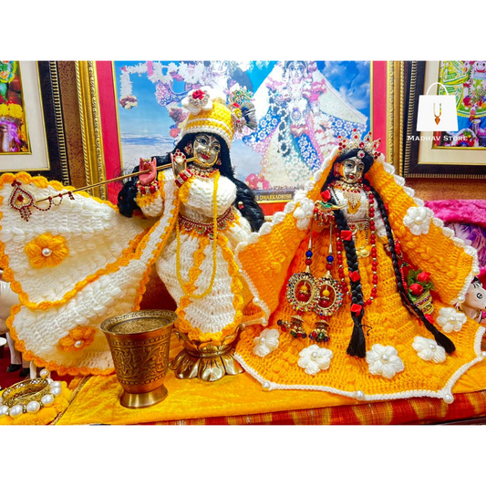 Yellow & White Hand Stiched woolen Winter Special Dress for Radha Krishna