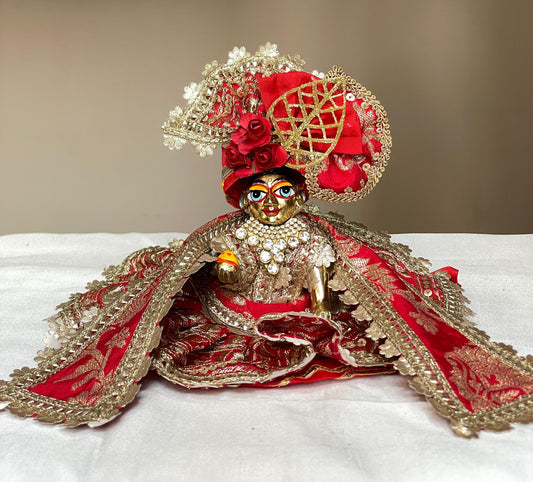 The Lal Ratna Brocade Set Poshak with heavy pagdi for Laddu Gopal
