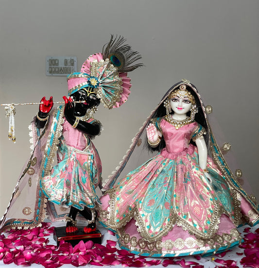 Gulabi Neer Poshak | Silk brocade heavy dress for Radha Krishna with heavy Pagdi