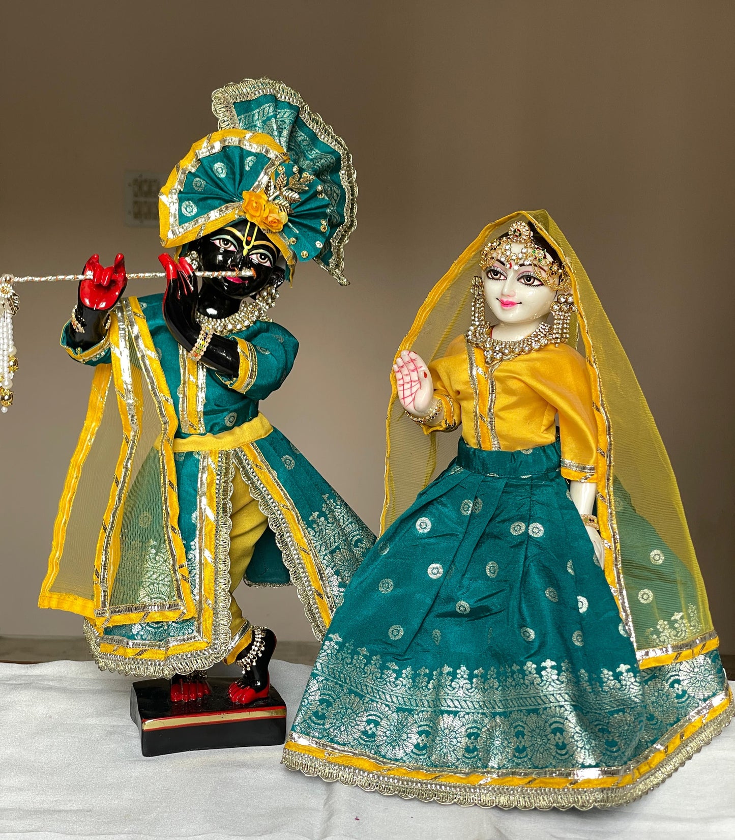 Kesar Kunj winter seva outfit with warm shawls | banarasi silk heavy dress for Radha Krishna with heavy Pagdi