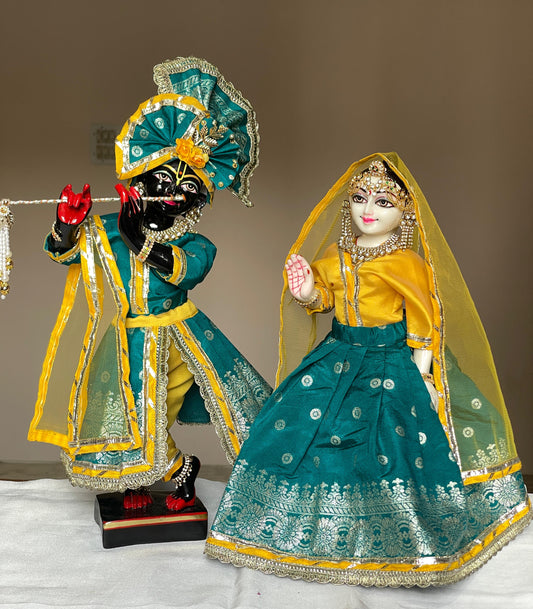 Kesar Kunj winter seva outfit with warm shawls | banarasi silk heavy dress for Radha Krishna with heavy Pagdi