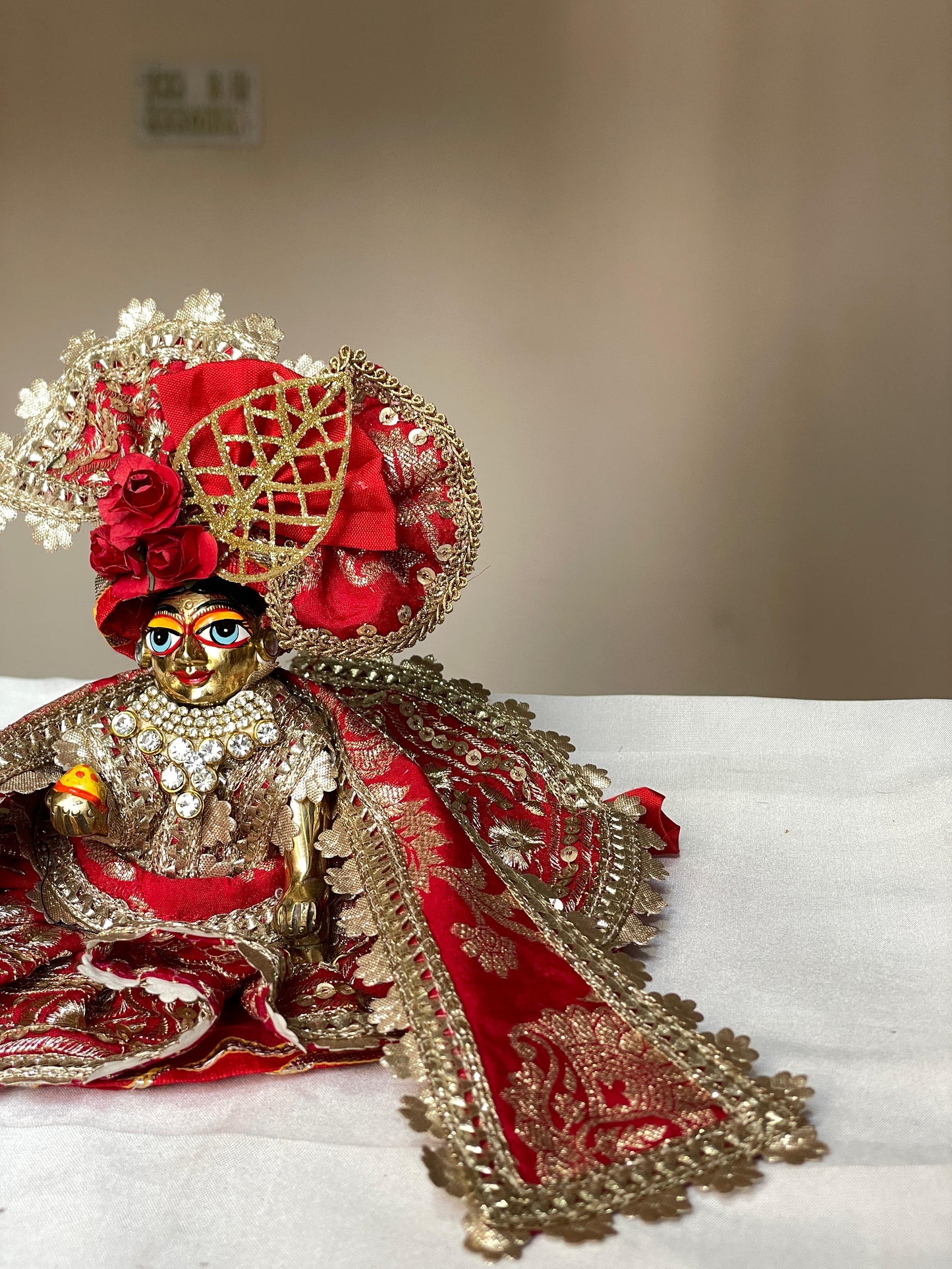 The Lal Ratna Brocade Set Poshak with heavy pagdi for Laddu Gopal