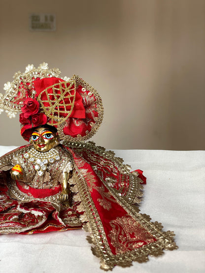 The Lal Ratna Brocade Set Poshak with heavy pagdi for Laddu Gopal