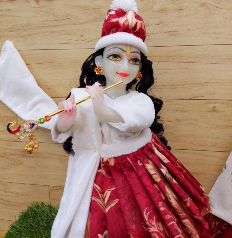 White & Red Winter Attire for Radha Krishna