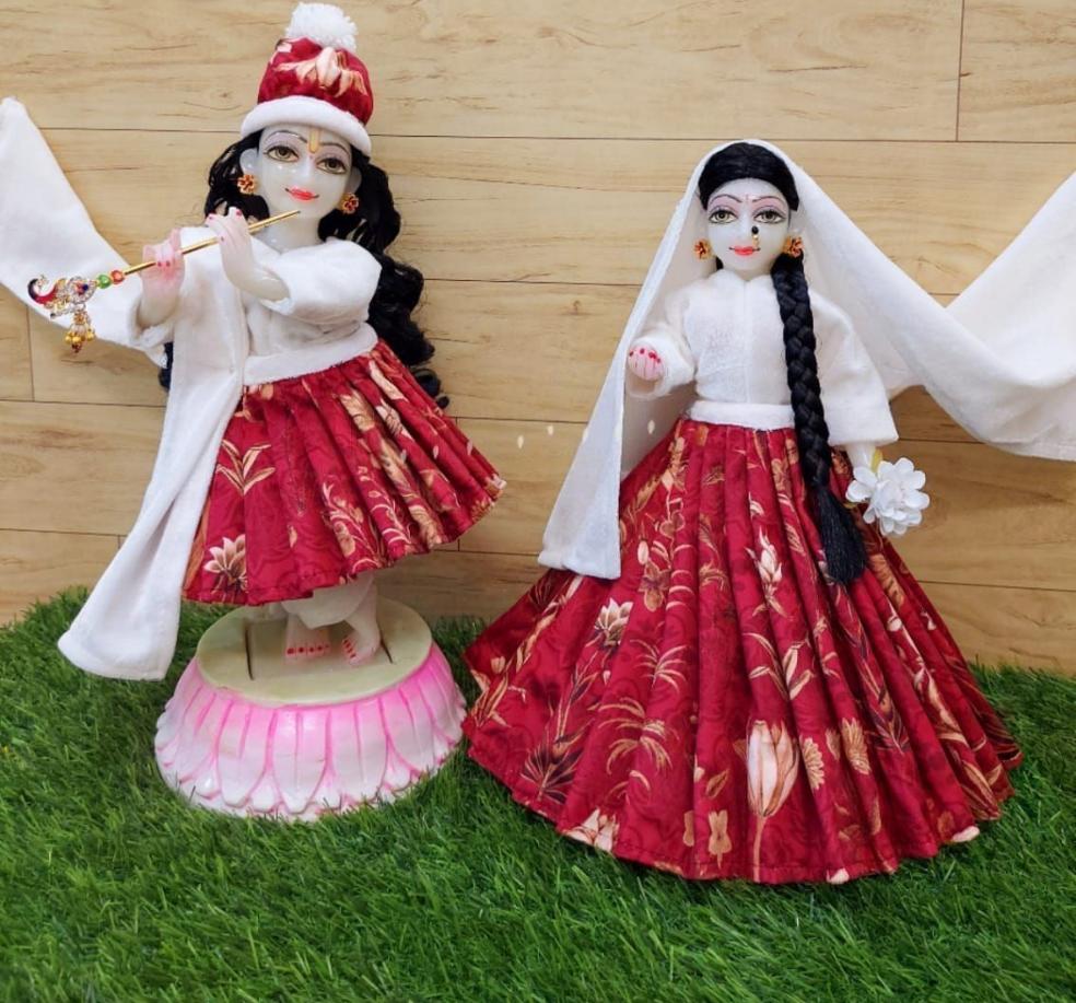 White & Red Winter Attire for Radha Krishna